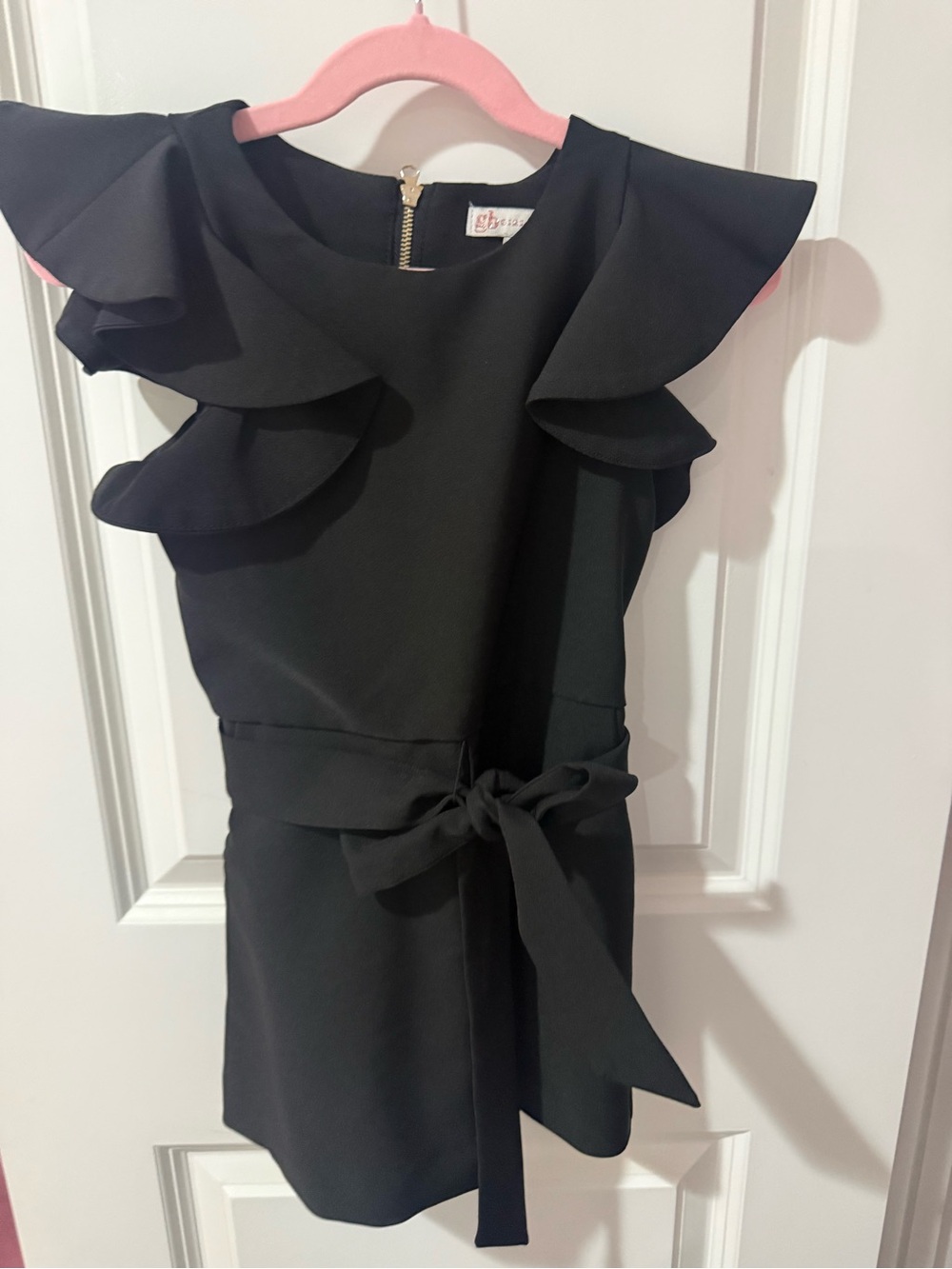 🖤 GB Girls Black Formal Romper Size 5 Ruffle Sleeves Bow Belt Dressy Outfit 🖤